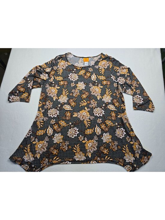 Ruby Rd. Tops - Ruby Rd. Woman Floral Tunic Top 2X 3/4 Sleeve Black/Yellow
